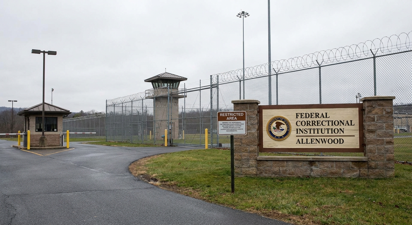 The entrance area of Federal Correctional Institution Allenwood in Pennsylvania, with signage and a secured perimeter visible
