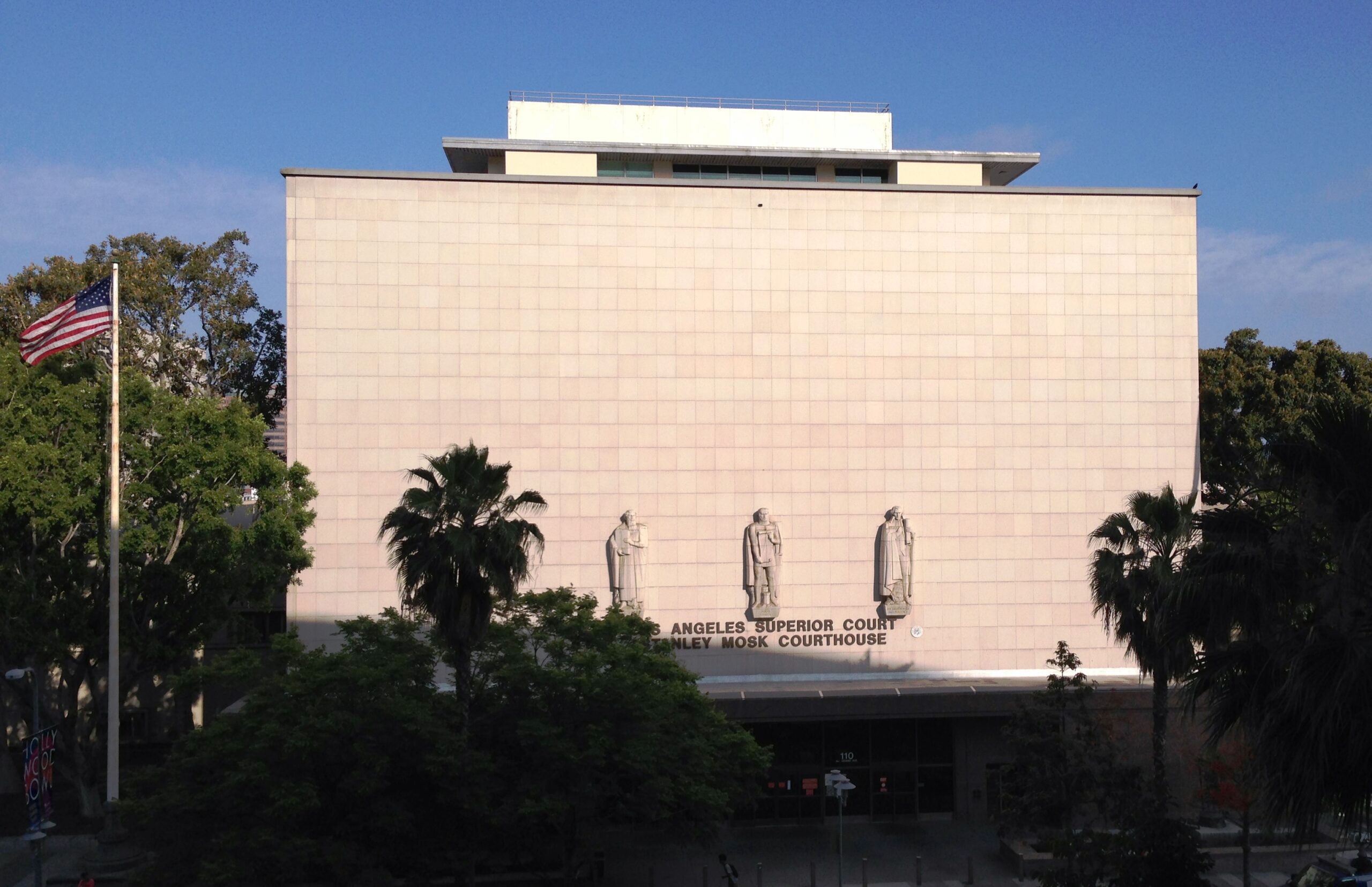 The exterior of the Los Angeles Superior Court building in downtown Los Angeles on a clear day, photographed from street level