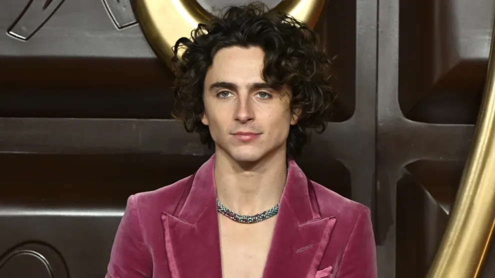 Timothée Chalamet on a premiere red carpet wearing a richly colored suit with playful styling details, standing in front of a film-branded backdrop