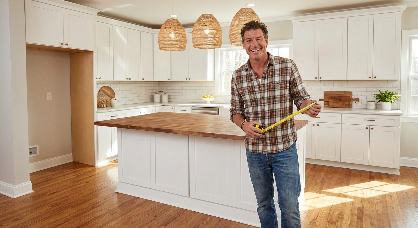Ty Pennington holding a tape measure in a freshly renovated kitchen with white cabinets, warm wood floors, and pendant lighting